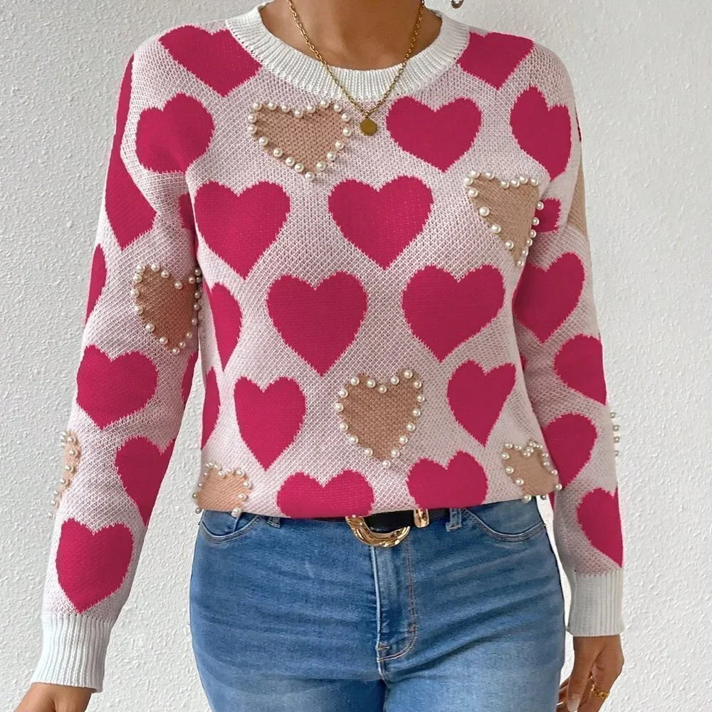 Hot Pink Casual Womens Heart Embroidery Beaded Pullover Sweater - Picture 3 of 5